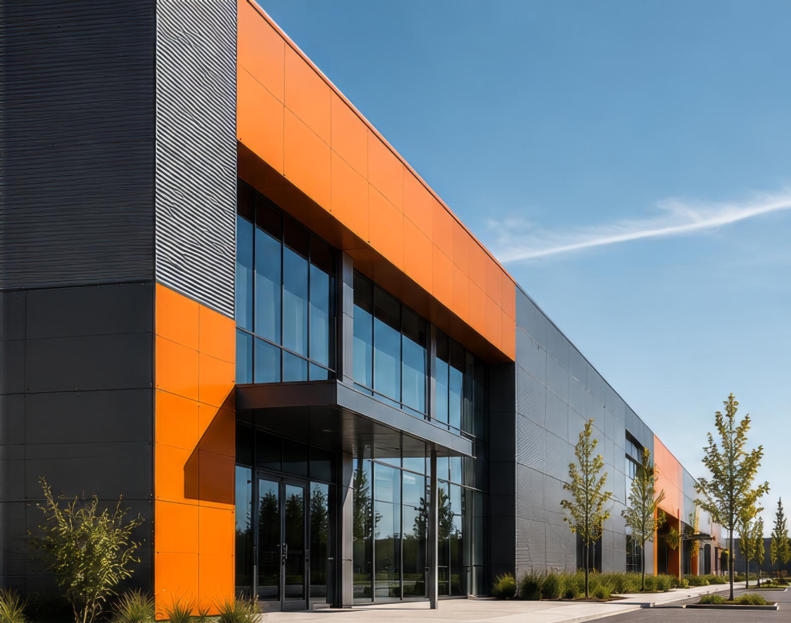 Bâtiment tertiaire aux façades anthracite et orange